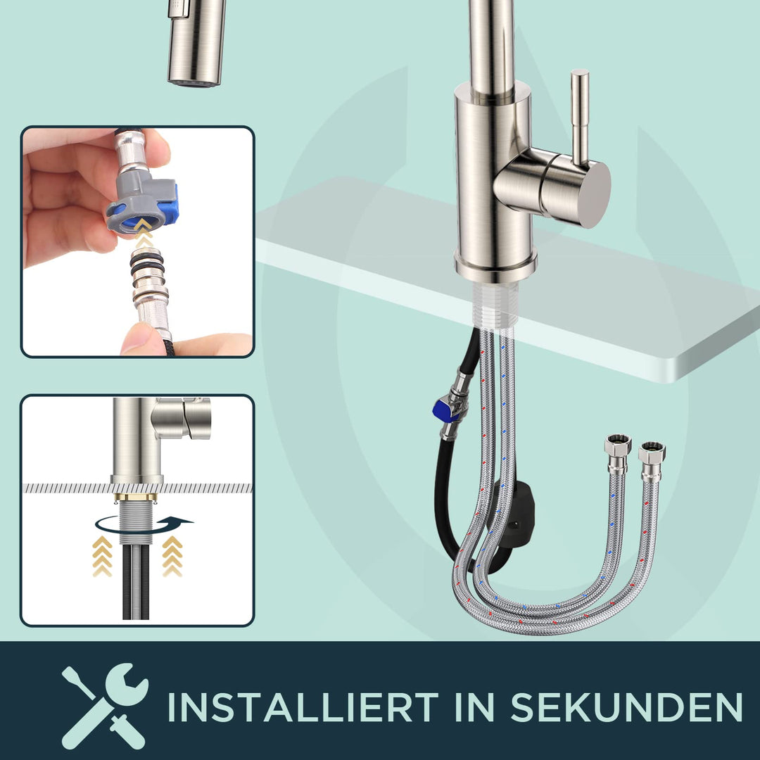 Küchenarmatur Edelstahl Hochbogen 360° schwenkbar mit Pulldown-Brause - Bild 5