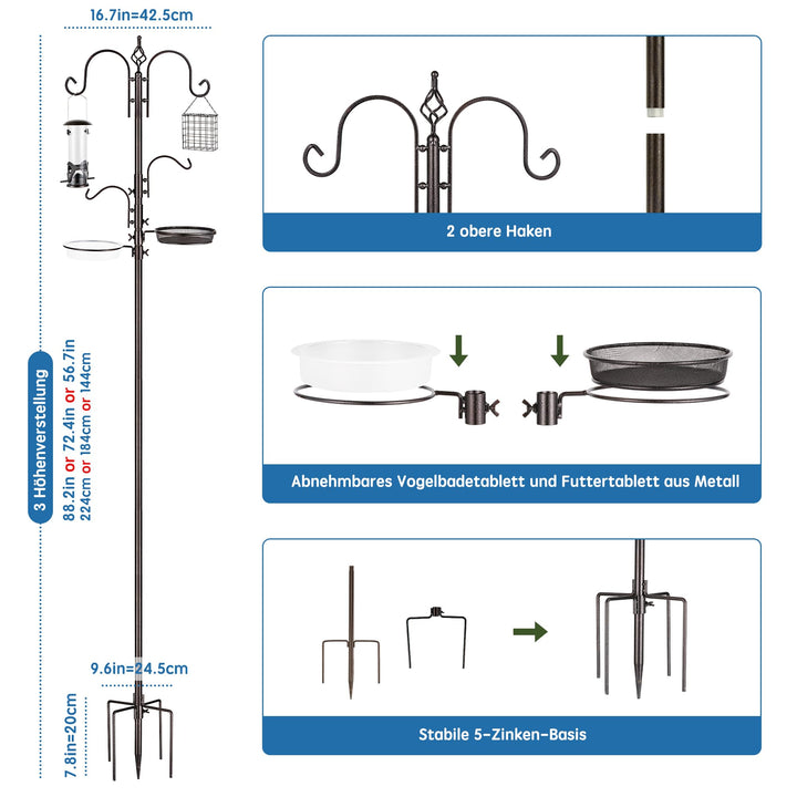 Vogelfütterungsstation mit Mast 6 Haken Metall Badewanne Mesh-Tablett - Bild 2
