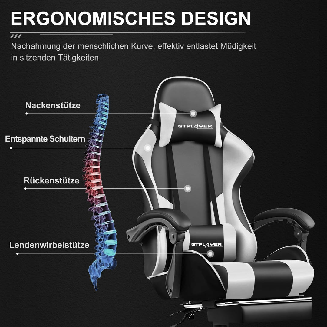 Gaming Stuhl mit Fussstütze und Massage-Lendenkissen Kunstleder Weiss - Bild 5