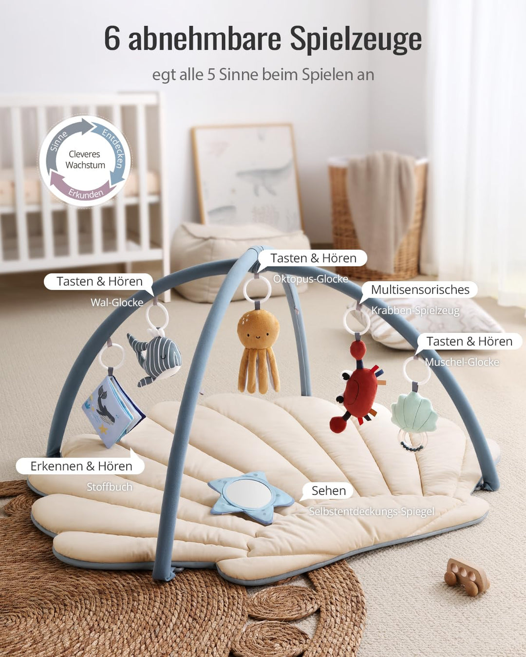 Spielbogen Baby mit Krabbeldecke Boho-Ozean 103x96cm 6 Spielzeuge - Bild 3