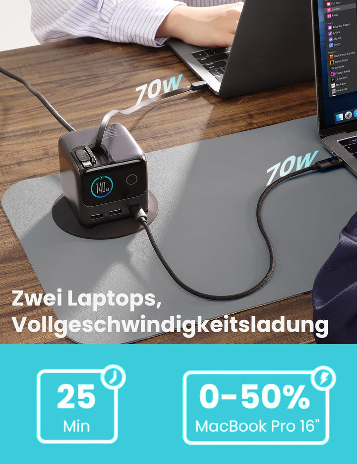GaN Ladestation 140W 5-in-1 mit 2 einziehbaren USB-C-Kabeln LCD - Bild 7