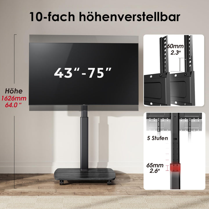 TV Bodenständer rollbar mit Holzregal 43-75 Zoll bis 50kg höhenverstellbar - Bild 4
