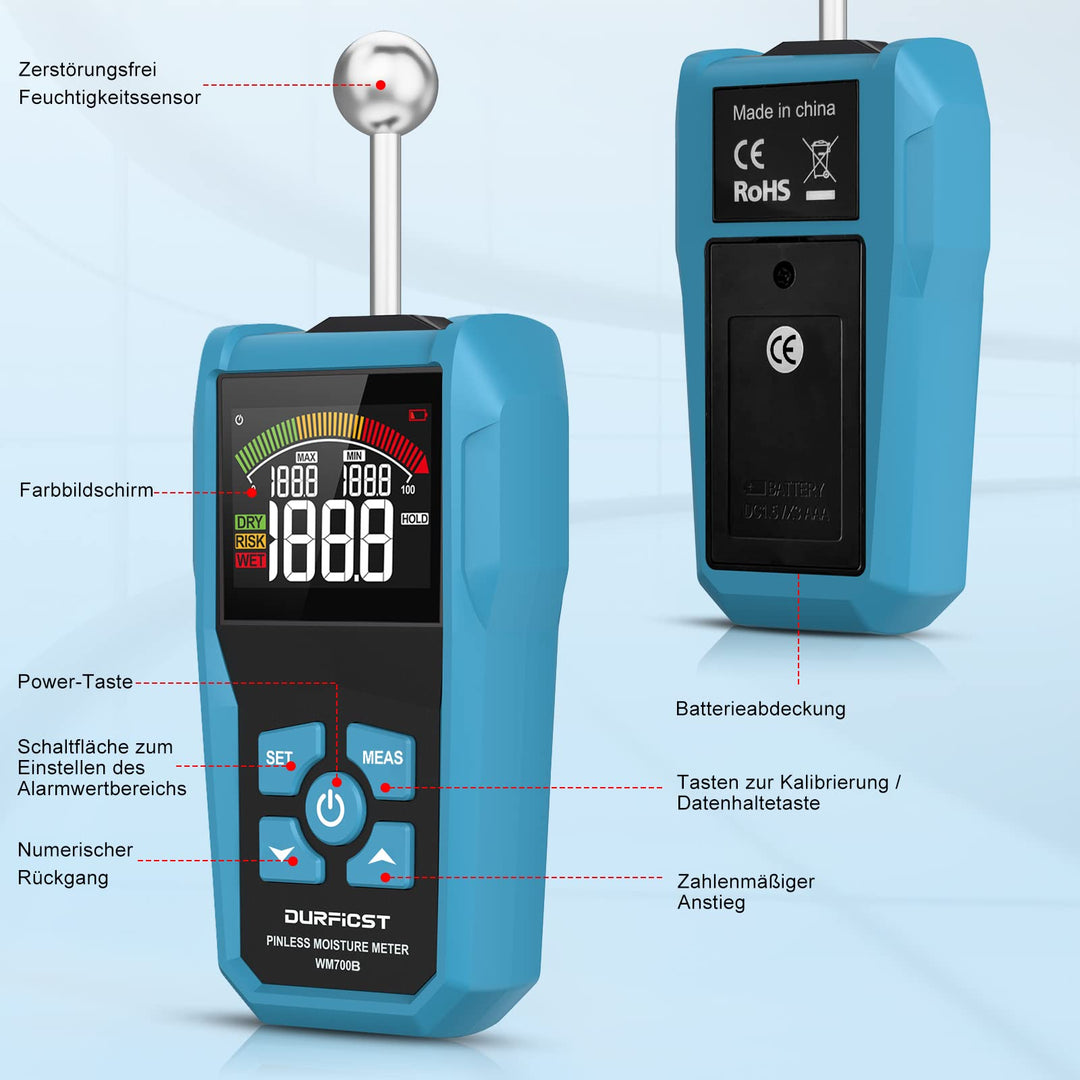 Feuchtigkeitsmessgerät Wand zerstörungsfrei 40mm Eindringtiefe Farbdisplay - Bild 3