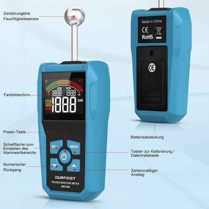 Feuchtigkeitsmessgerät Wand zerstörungsfrei 40mm Eindringtiefe Farbdisplay - Bild 3