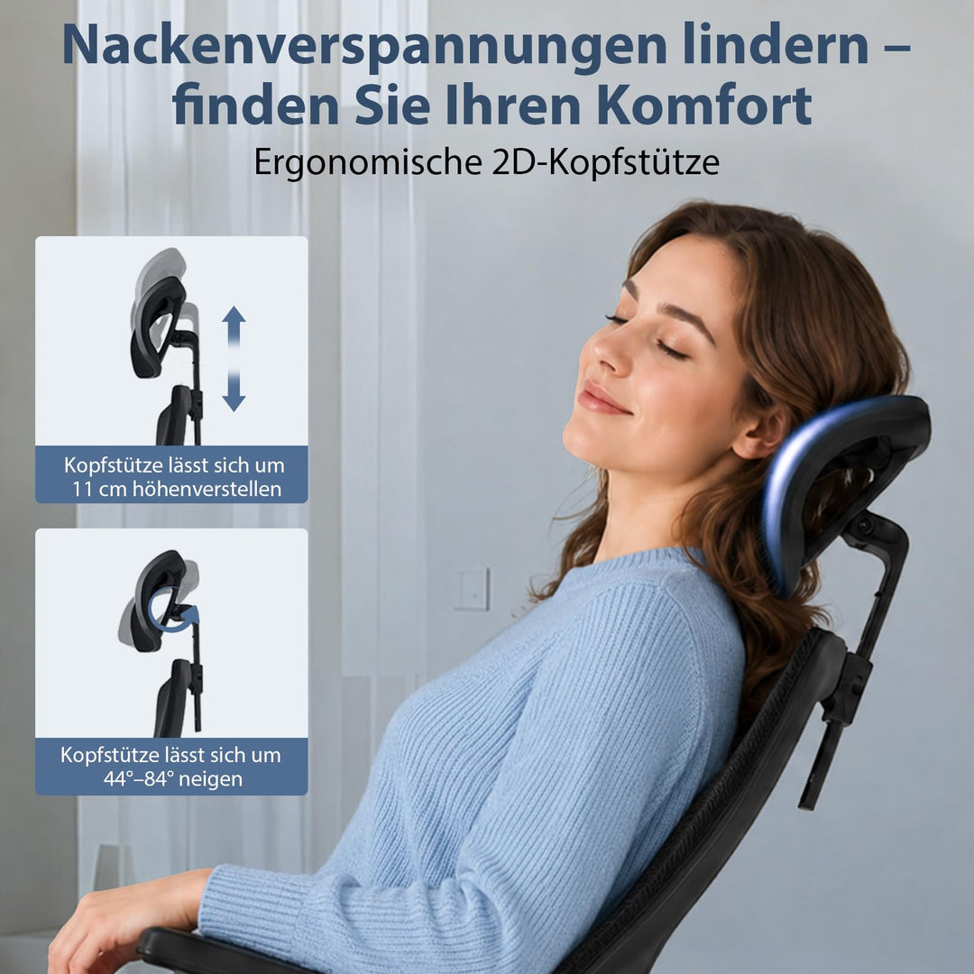 Ergonomischer Bürostuhl Netz 150 kg mit Lordosenstütze und Kopfstütze - Bild 5