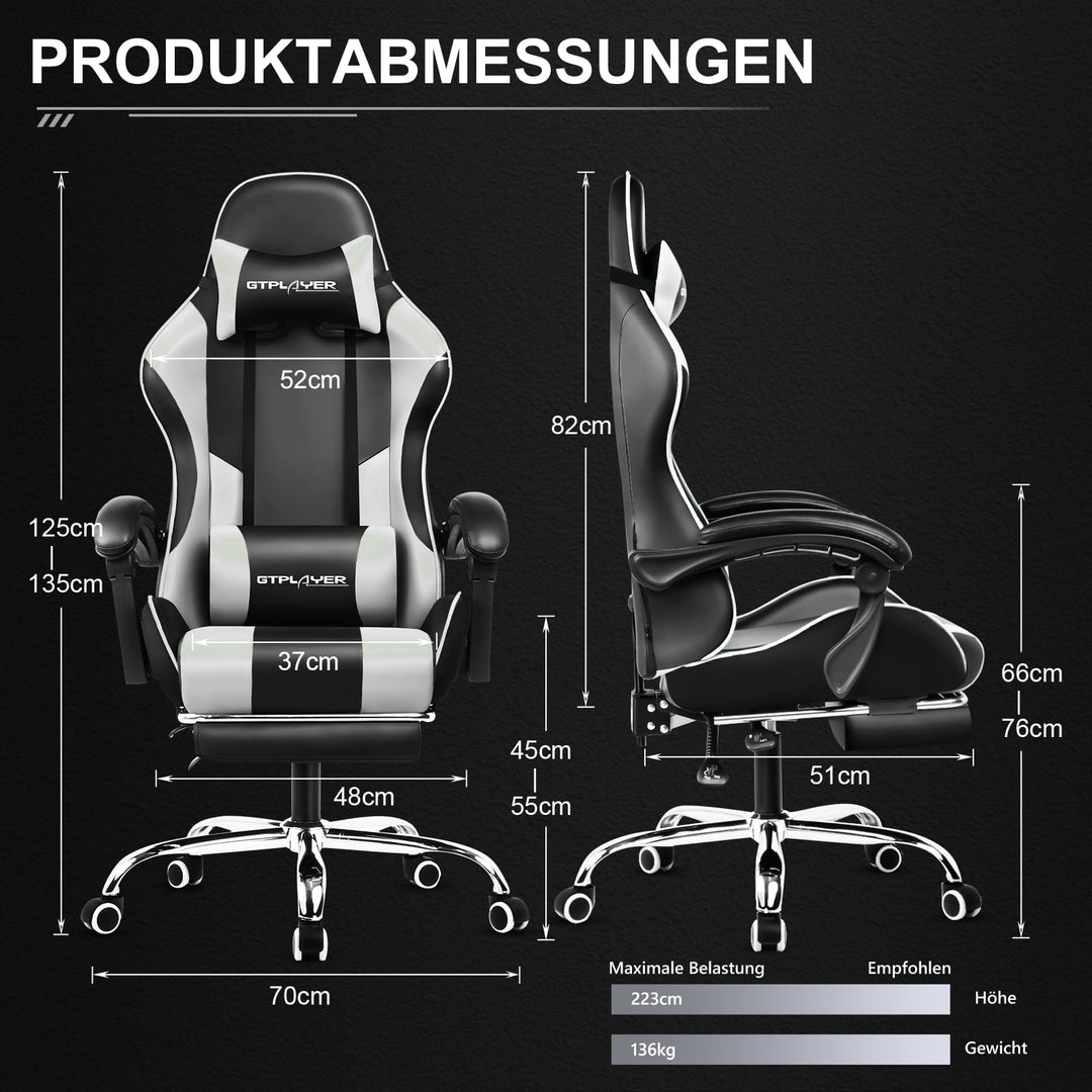 Gaming Stuhl mit Fussstütze und Massage-Lendenkissen Kunstleder Weiss - Bild 3