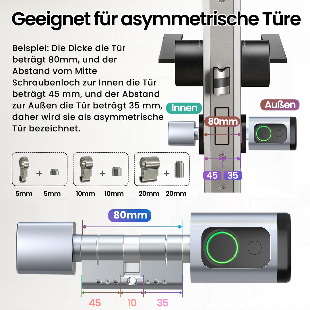 Smart Türschloss Fingerabdruck &amp; PIN für Türen 60-90 mm Silber - Bild 7