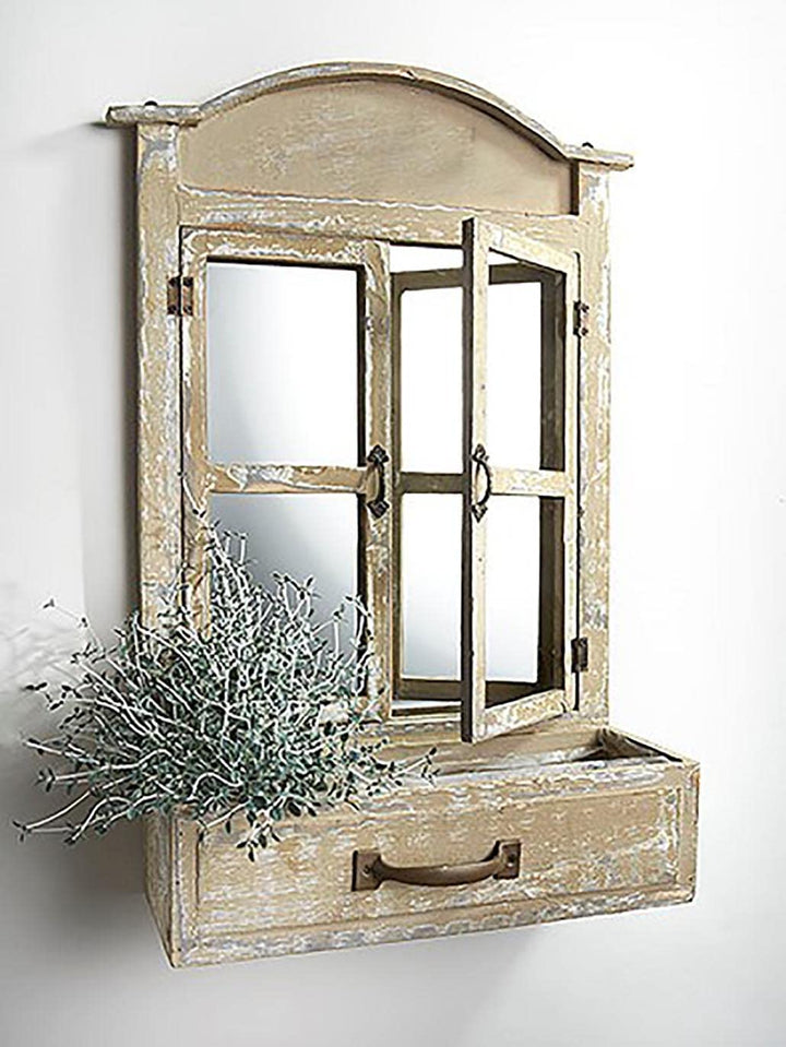 Deko-Fensterrahmen Holz mit Spiegel und Schublade Mediterranes Landhaus - Bild 3