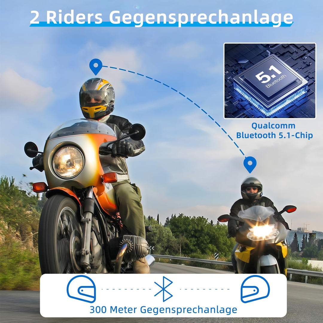 Motorrad Helm Headset Bluetooth 5.1 mit Gegensprechanlage 300m für 2 Fahrer - Bild 5