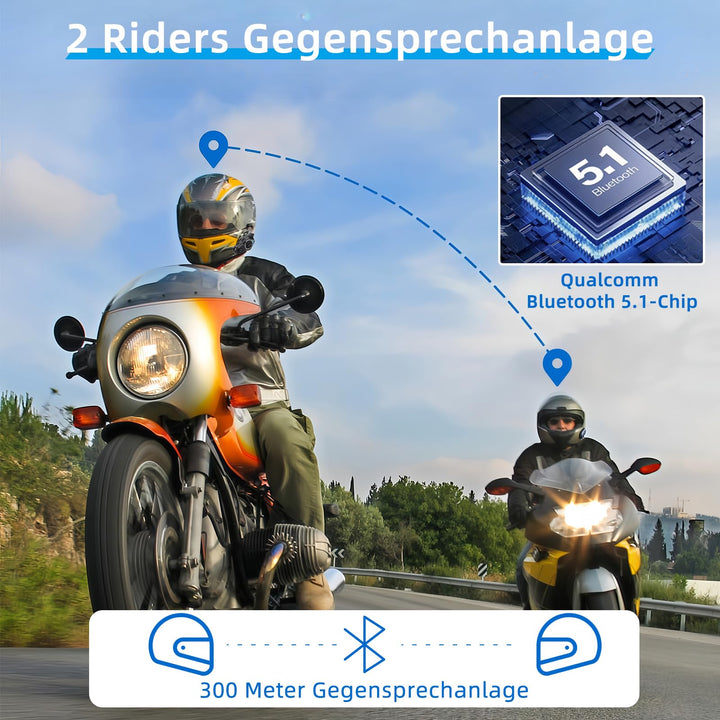 Motorrad Helm Headset Bluetooth 5.1 mit Gegensprechanlage 300m für 2 Fahrer - Bild 5