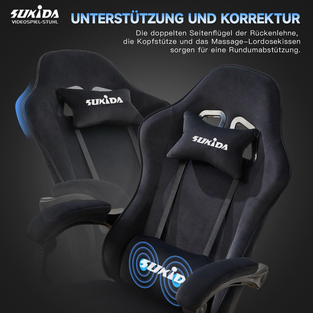 Gaming Stuhl Stoff ergonomisch mit Fussstütze und Lordosenstütze - Bild 4
