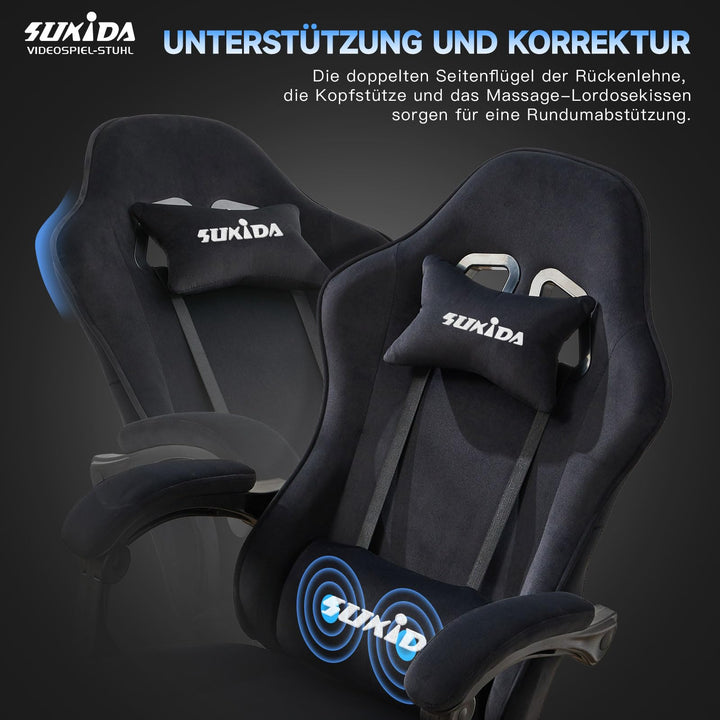 Gaming Stuhl Stoff ergonomisch mit Fussstütze und Lordosenstütze - Bild 4