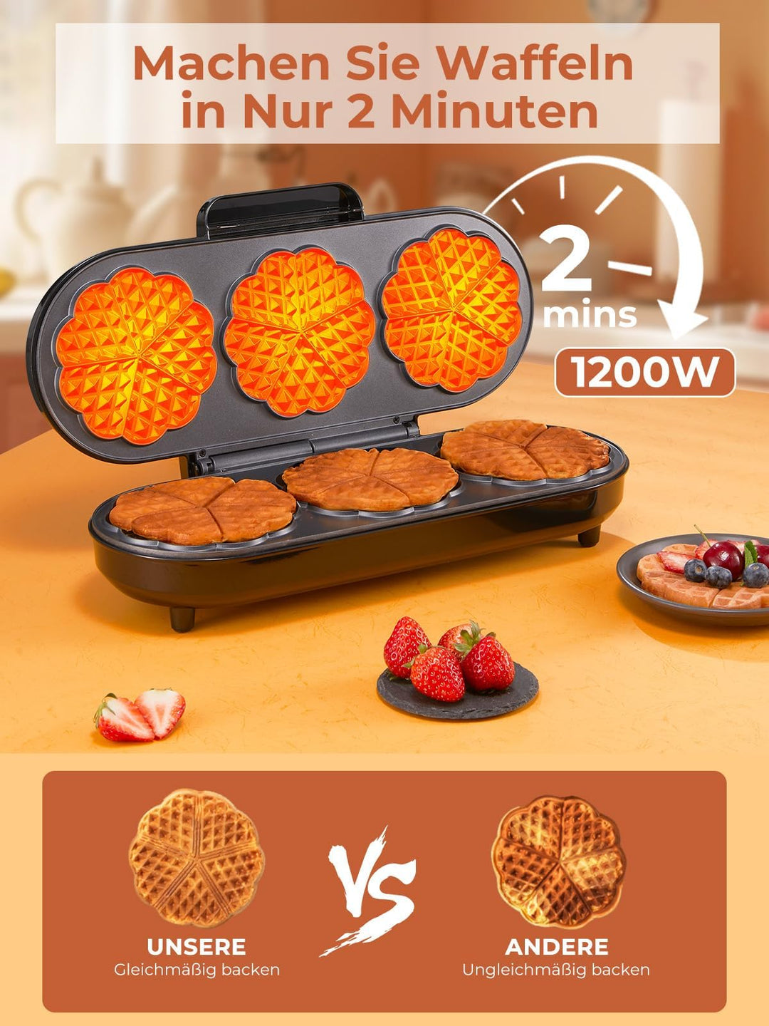Herzwaffeleisen 3 Backflächen 1200W für 15 Waffeln Party &amp; Familie - Bild 2