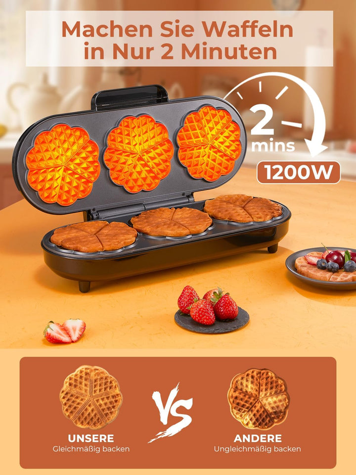 Herzwaffeleisen 3 Backflächen 1200W für 15 Waffeln Party &amp; Familie - Bild 2