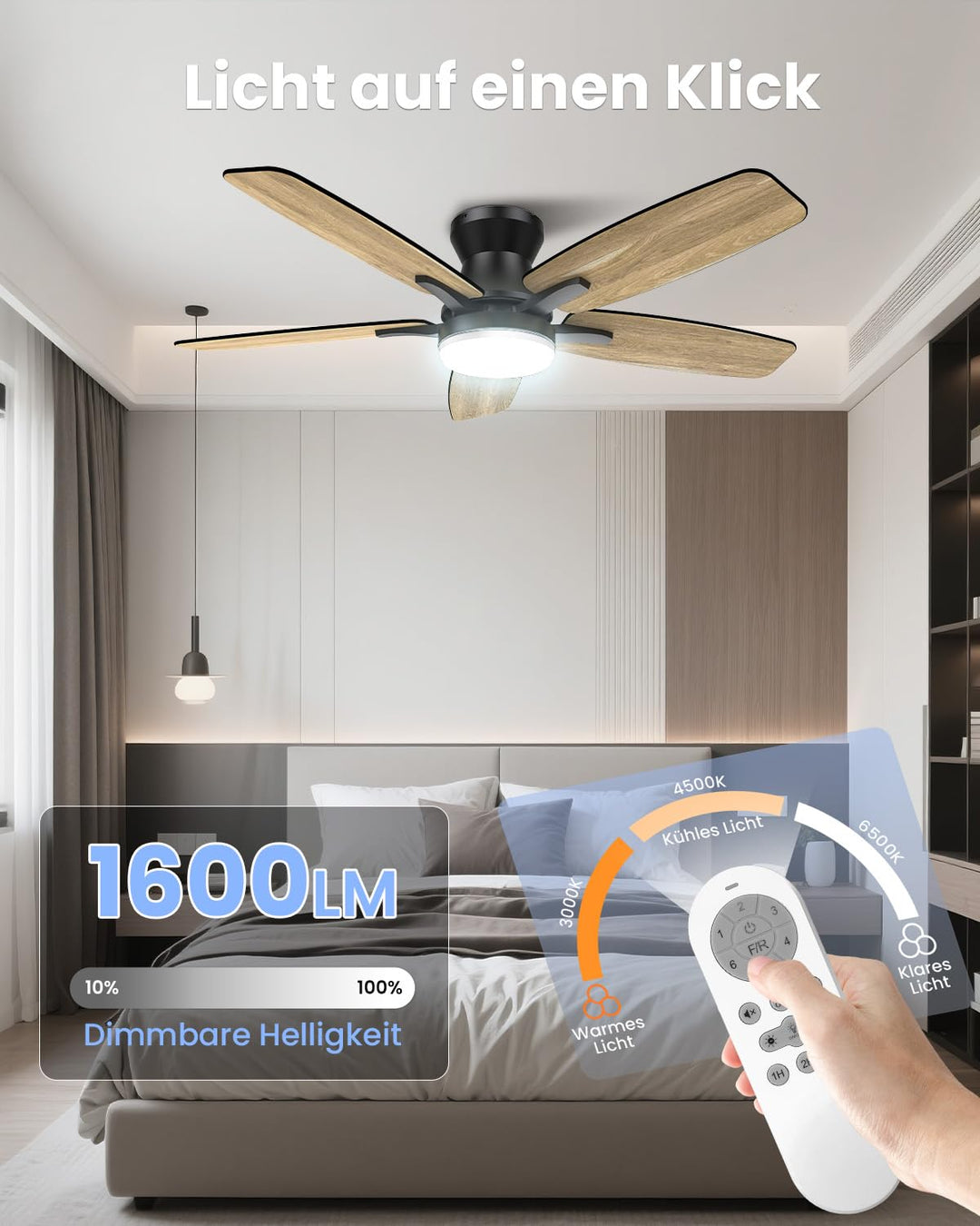 Deckenventilator mit LED-Licht 106 cm leise DC-Motor wendbare Flügel - Bild 7