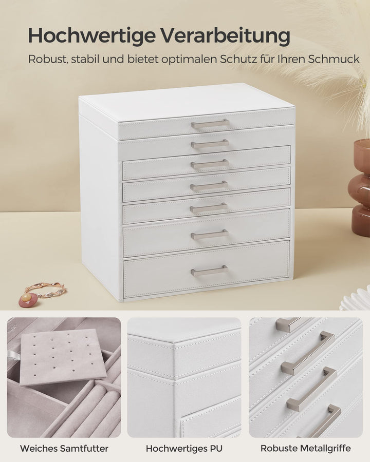 Schmuckkästchen 6 Ebenen mit Spiegel und Uhrenfach, Weiss - Bild 4