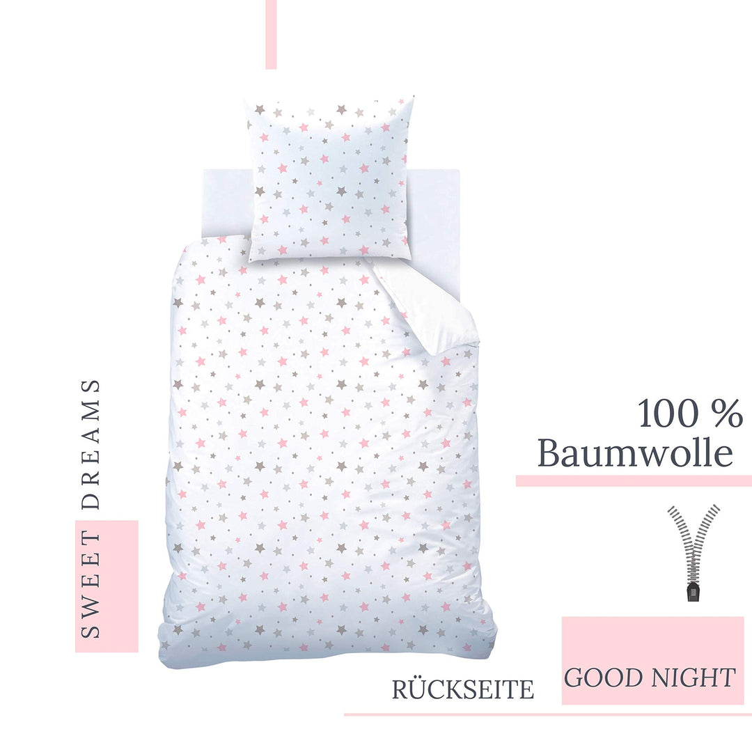 Kinderbettwäsche Sterne &amp; Wimpern 135x200 rosa Baumwolle - Bild 3