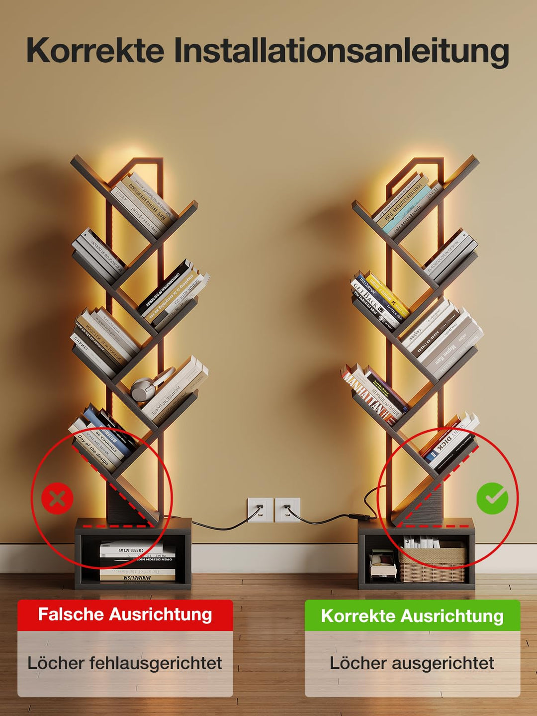 Standregal Baumform 6 Ebenen 110cm Holz und Metall Schwarz