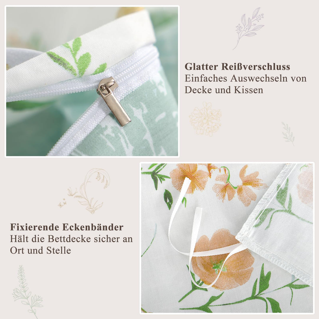 Bettwäsche 135x200 Baumwolle 4-teilig Blumen-Muster Grün - Bild 7