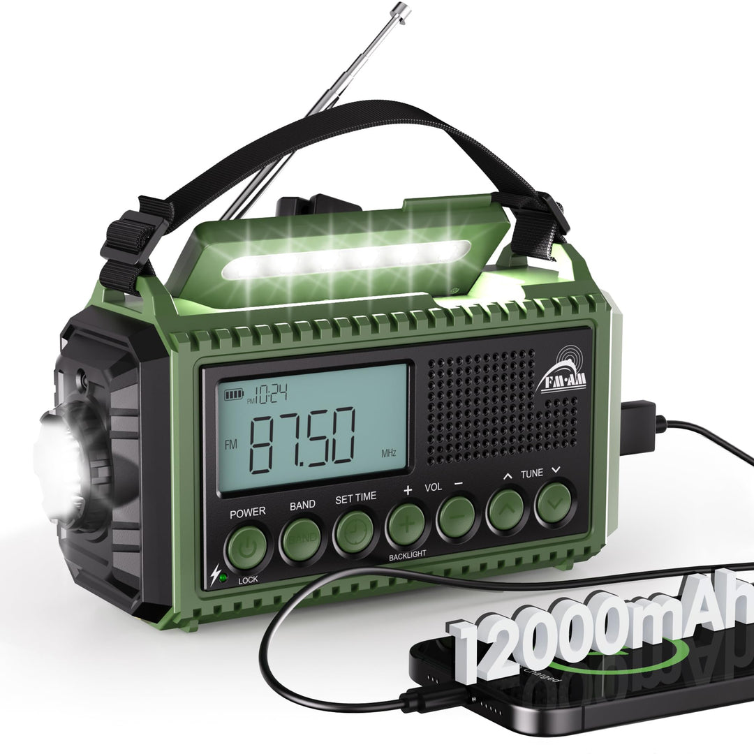 Kurbelradio AM/FM/SW Notfallradio 12000mAh Powerbank Taschenlampe