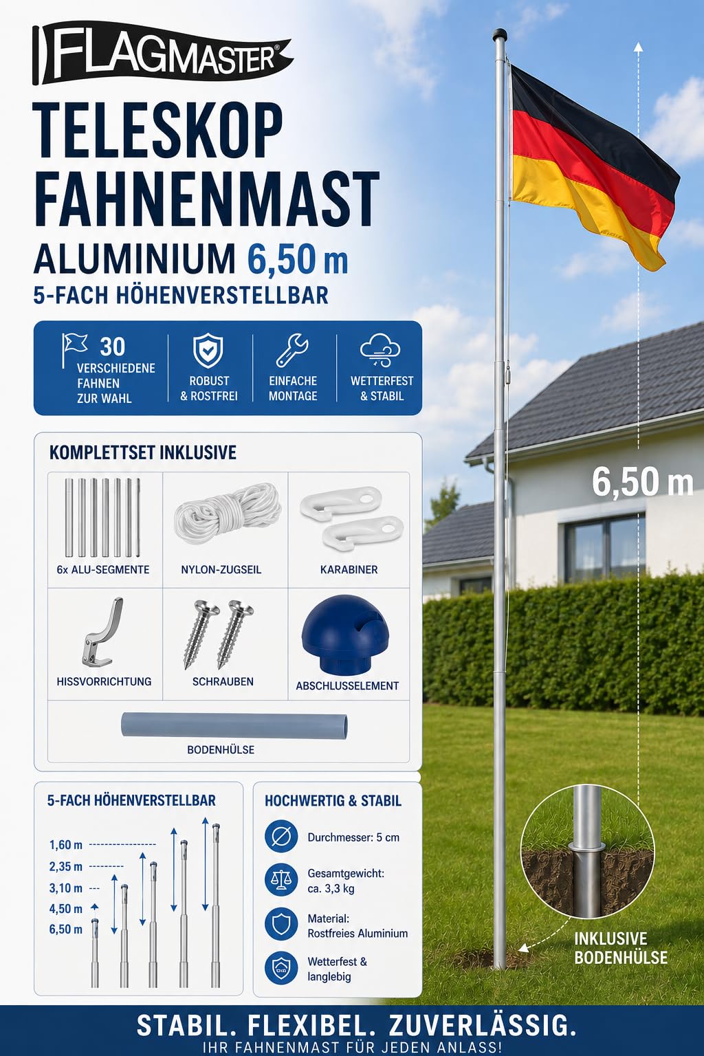 Teleskop Fahnenmast Aluminium 6,5 m 5-fach verstellbar mit Bodenhülse - Bild 2