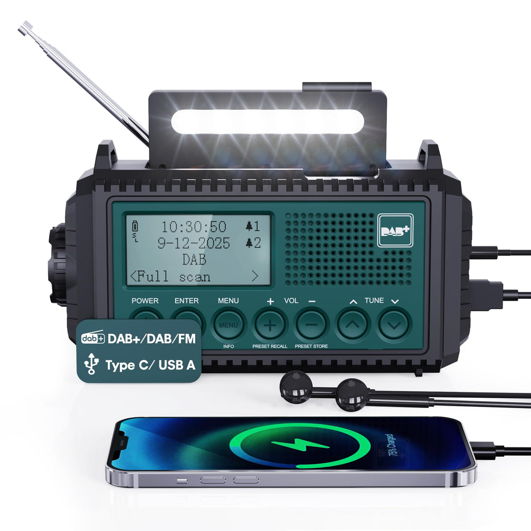Kurbelradio DAB+ UKW mit 5000mAh Akku, SOS-Alarm &amp; Taschenlampe