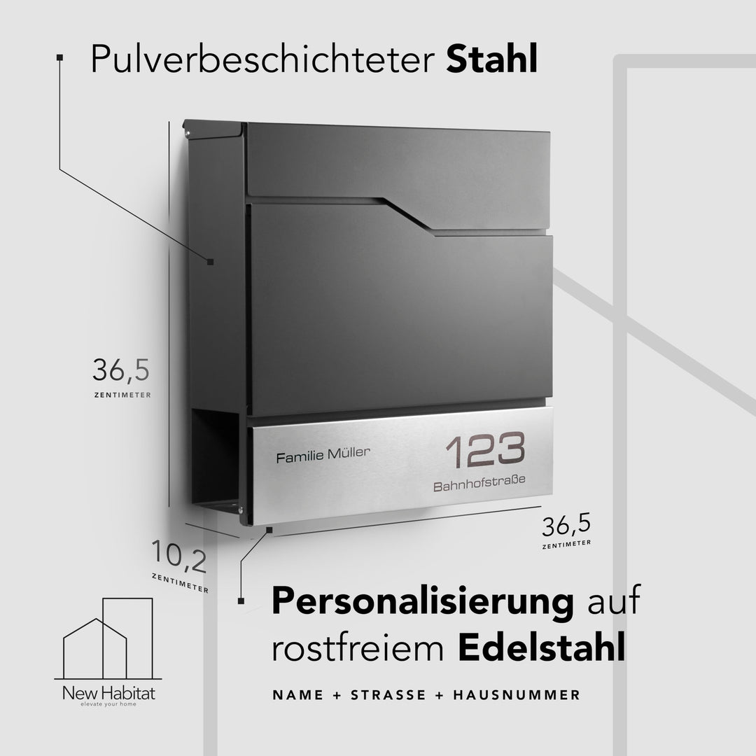 Wand-Briefkasten anthrazit personalisierbar mit Zeitungsfach Stahl - Bild 3
