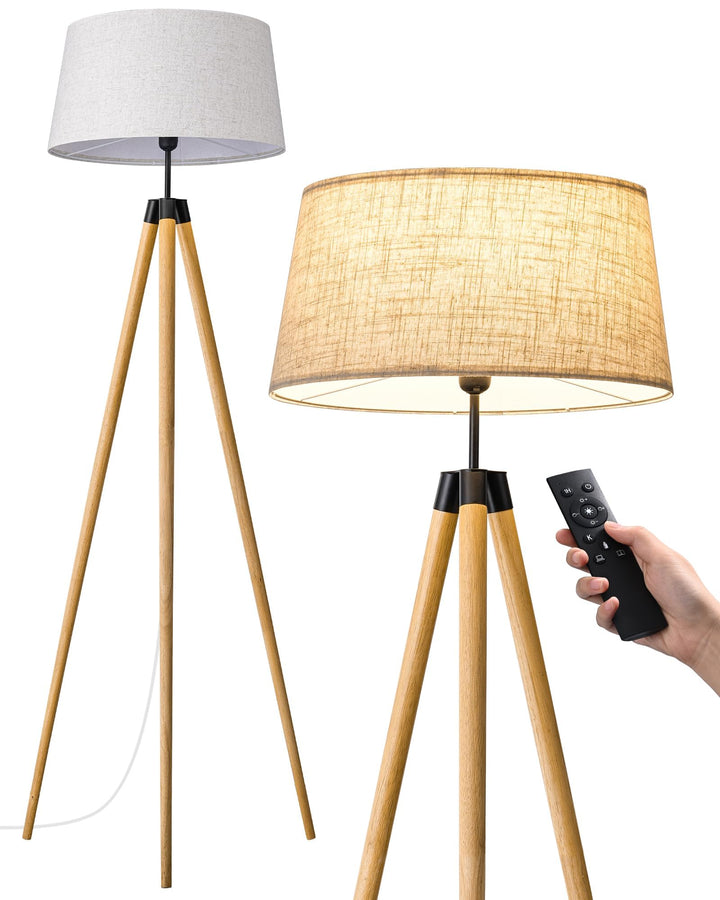 Stehlampe Boho Holzstativ dimmbar mit Leinenschirm &amp; Fernbedienung - Bild 9