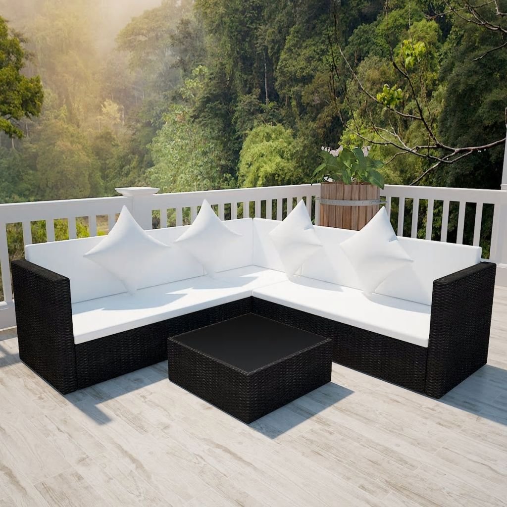 Rattan Lounge Set 5-teilig Schwarz mit Glasstisch für Garten Terrasse