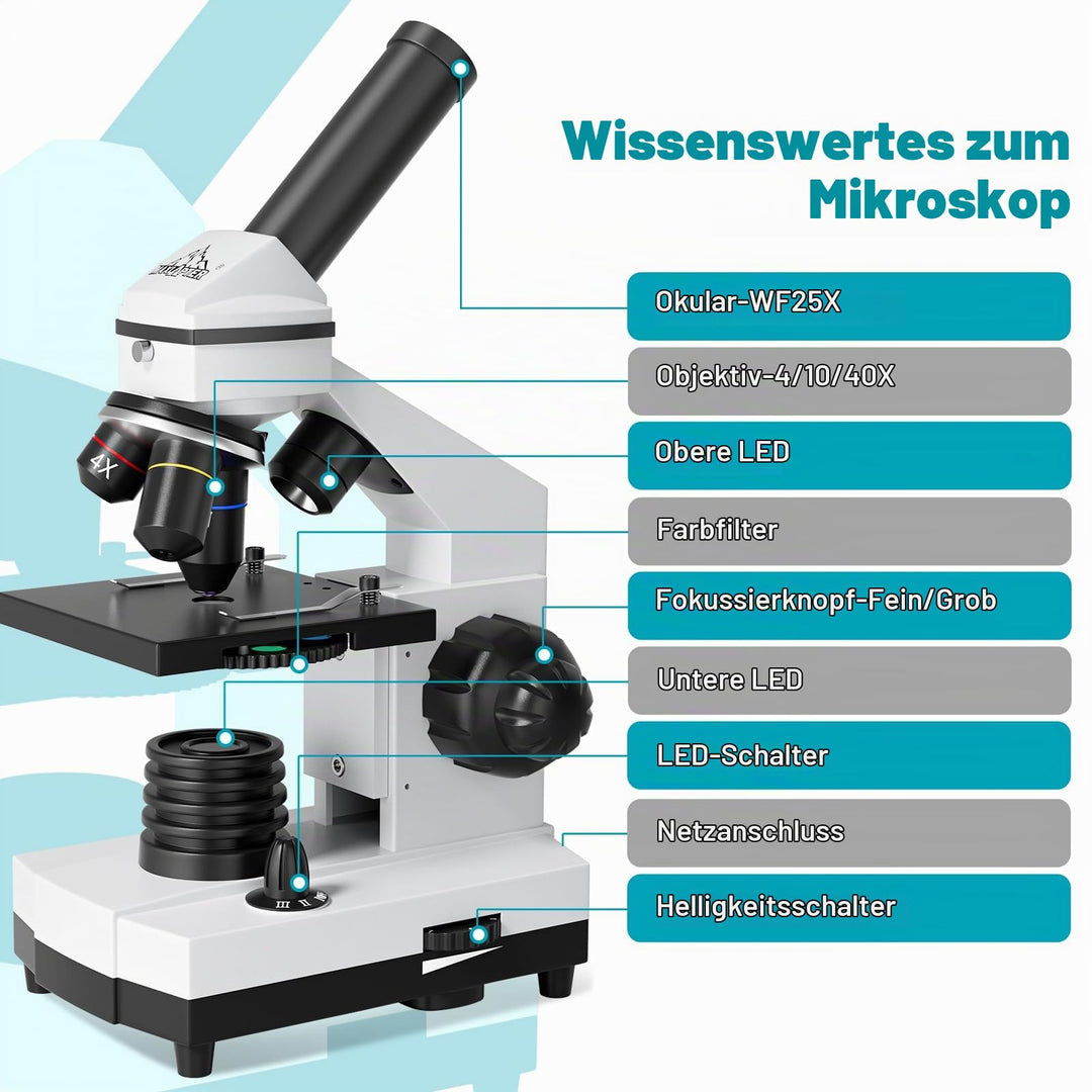 Monokular Mikroskop 200-2000x mit LED, Handyadapter und Tragetasche - Bild 6