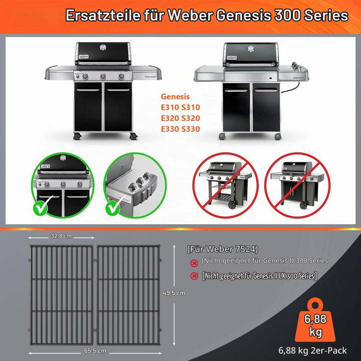 Grillrost Gusseisen 49,5x33cm für Weber Genesis 300 Serie 2er-Set - Bild 2