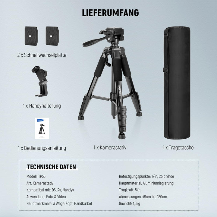 Kamera-Stativ Aluminium 2-in-1 mit Einbein 177cm 3-Wege-Kopf - Bild 8
