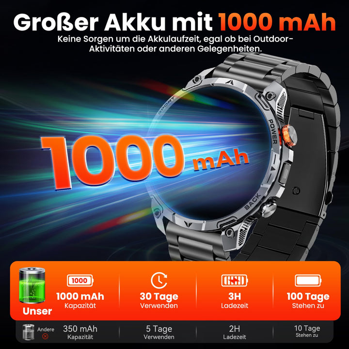 Smartwatch Herren Outdoor 1000-mAh-Akku IP68 mit LED-Taschenlampe - Bild 2