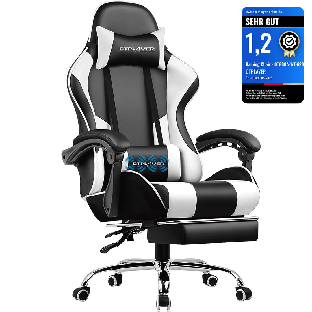 Gaming Stuhl mit Fussstütze und Massage-Lendenkissen Kunstleder Weiss