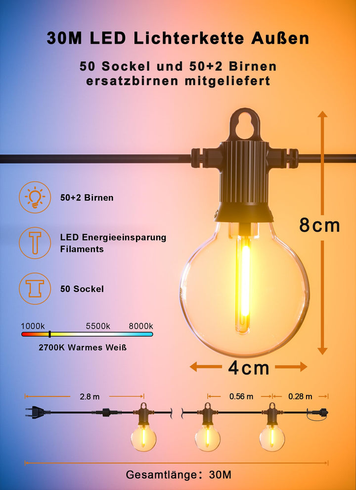 Lichterkette Aussen 30m mit 50 G40 LED Birnen warmweiss IP65 - Bild 3