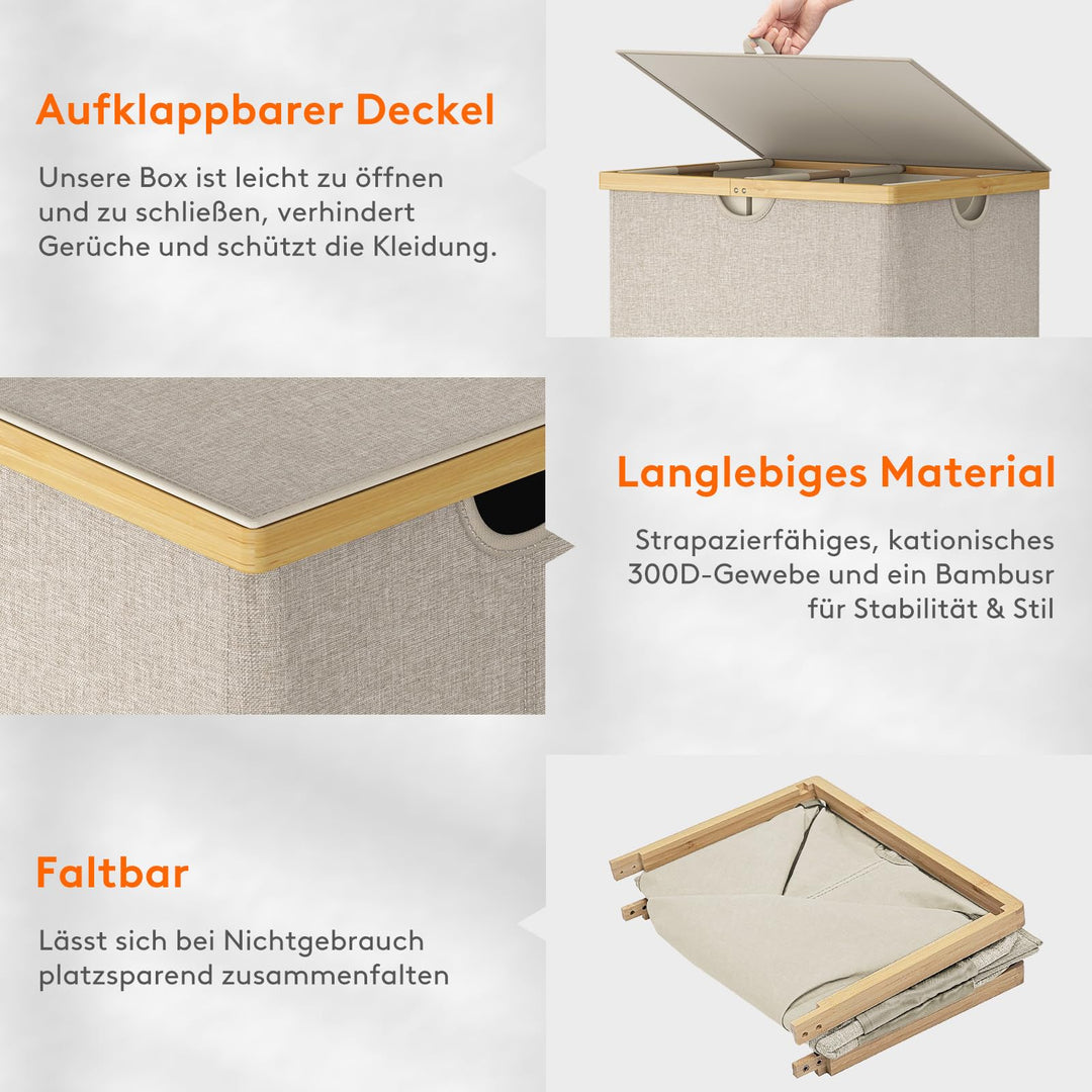 Wäschekorb Bambus 160L mit 2 Fächern und Deckel, Beige - Bild 7