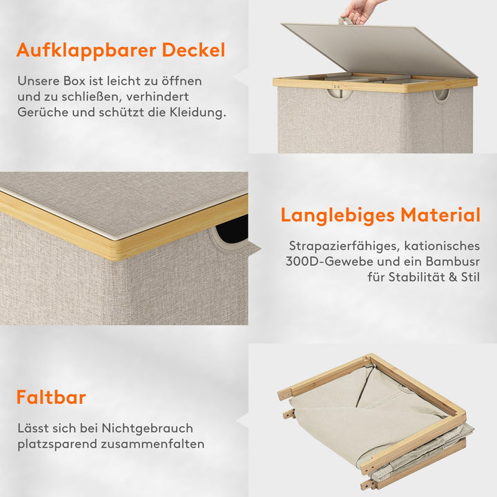 Wäschekorb Bambus 160L mit 2 Fächern und Deckel, Beige - Bild 7