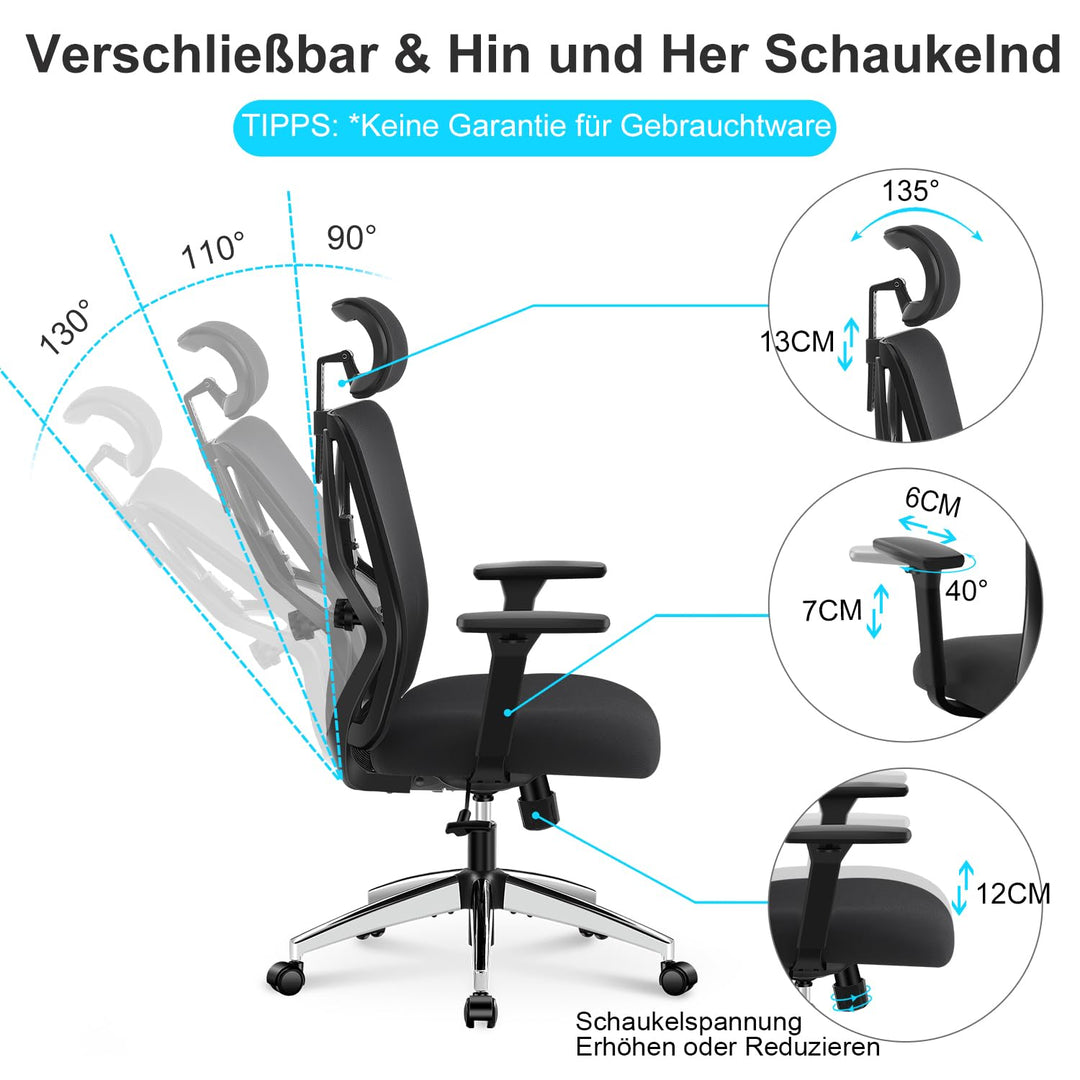 Ergonomischer Bürostuhl Netz mit 3D-Armlehne, Kopfstütze &amp; Lordosenstütze - Bild 2