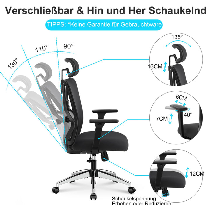 Ergonomischer Bürostuhl Netz mit 3D-Armlehne, Kopfstütze &amp; Lordosenstütze - Bild 2