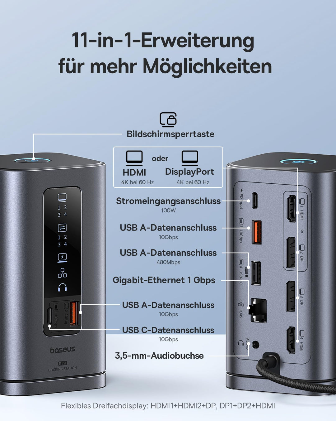 Docking Station 11-in-1 Triple Monitor 4K mit PD 100W USB-C - Bild 2