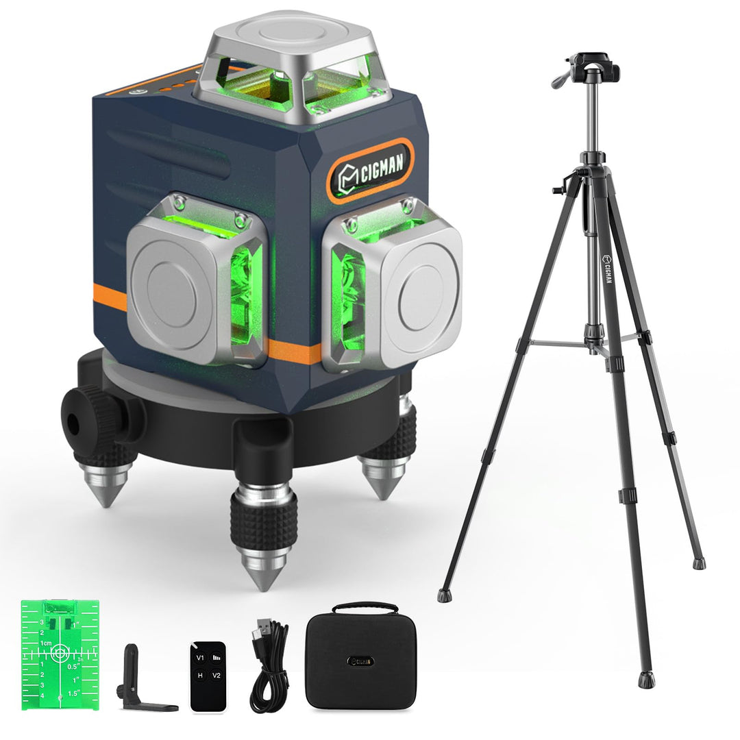 Kreuzlinienlaser 3x360° Grün mit Stativ 1,5 m und 30 h Akku