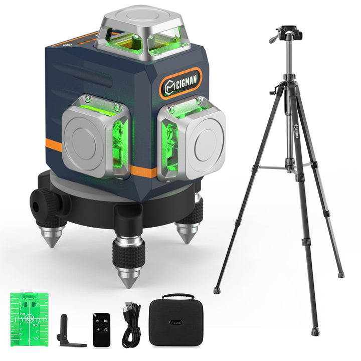 Kreuzlinienlaser 3x360° Grün mit Stativ 1,5 m und 30 h Akku
