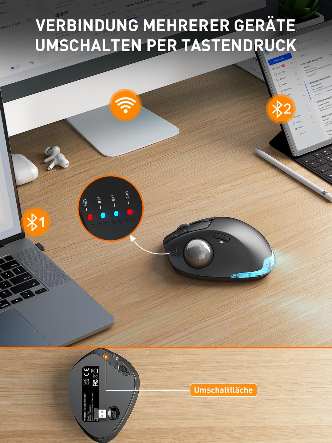 Trackball Maus kabellos Bluetooth USB RGB ergonomisch 3 Geräte - Bild 4