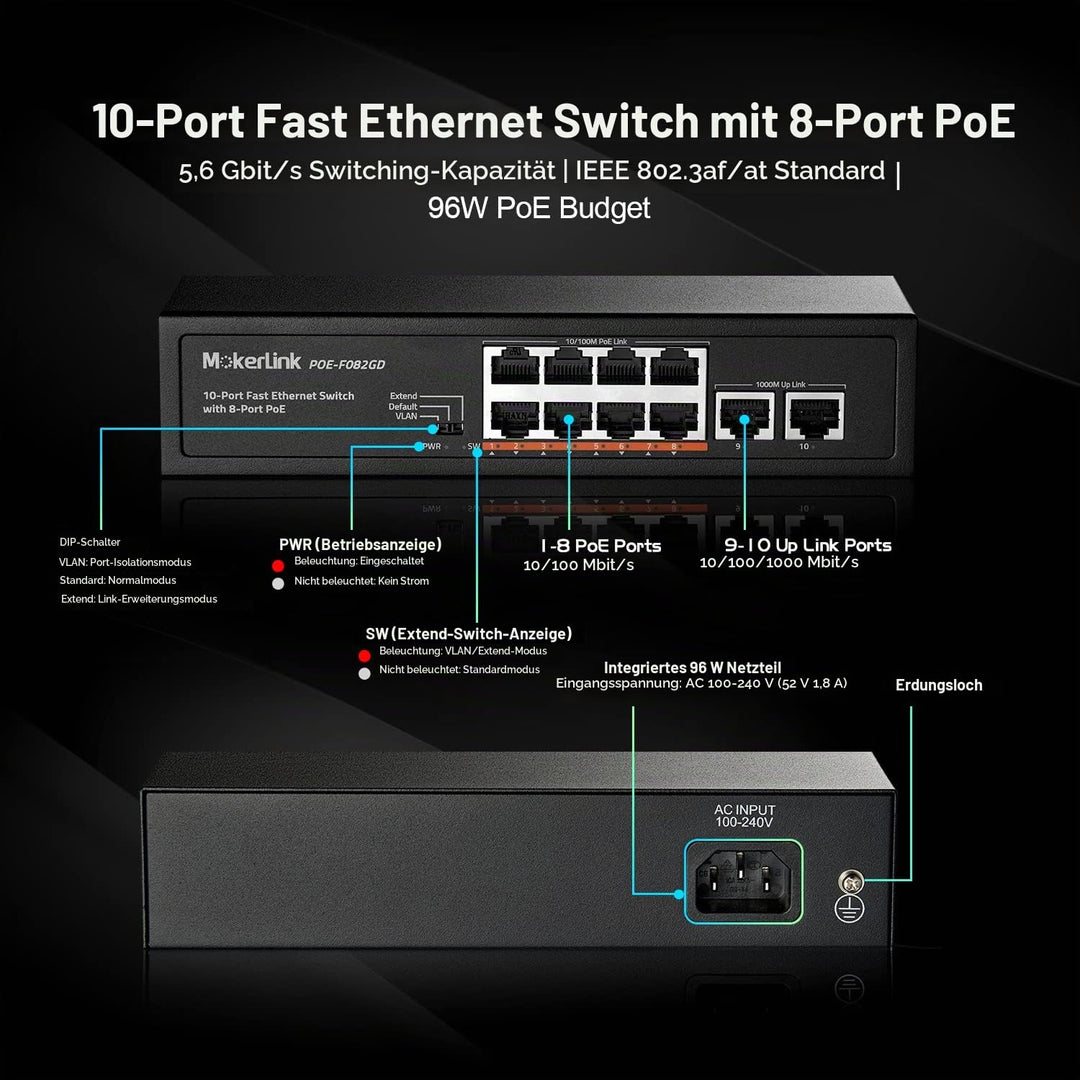 PoE Switch 10-Port 8x PoE+ 2x Gigabit Uplink 96W lüfterlos - Bild 4