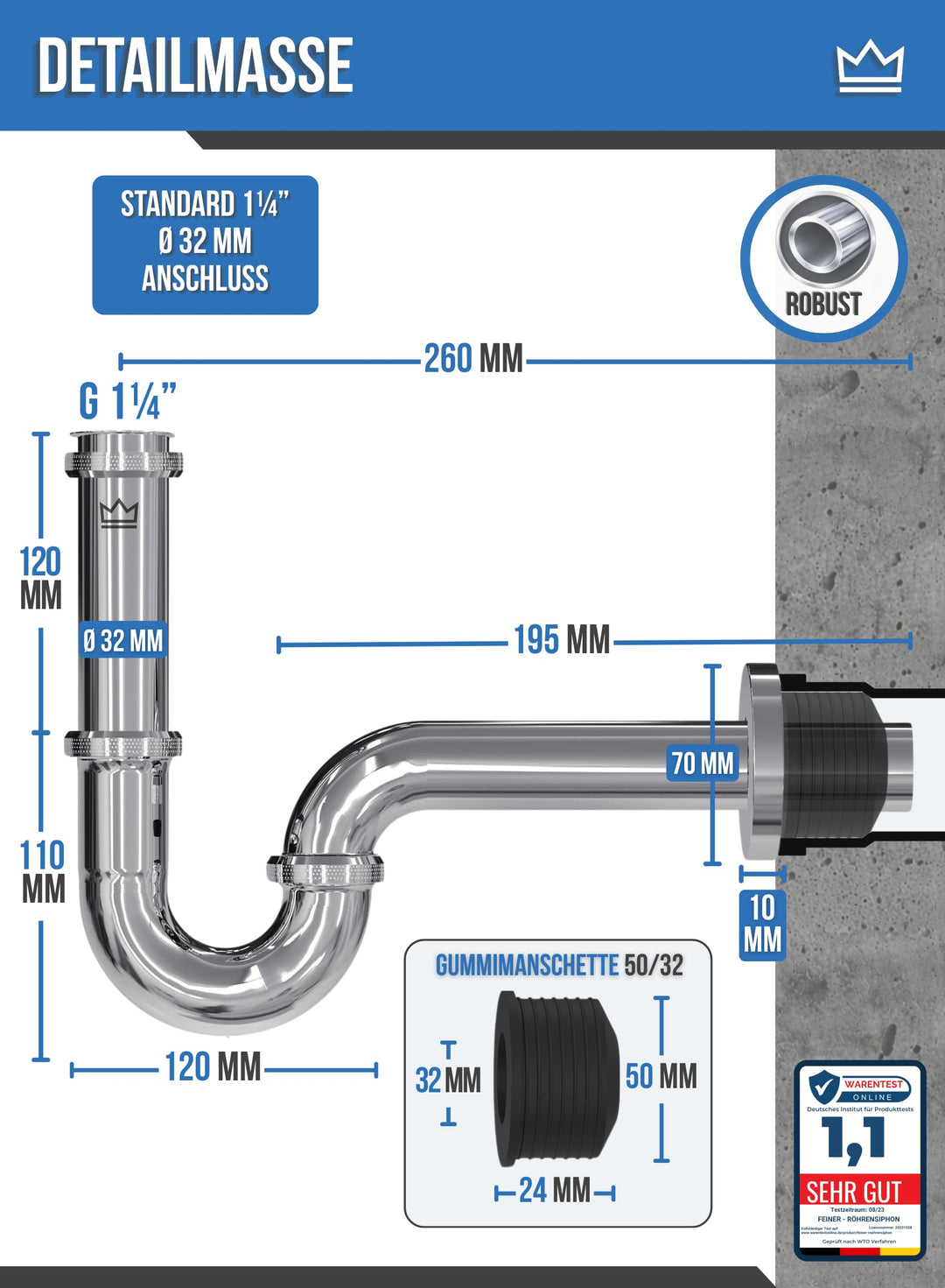 Waschbecken Ablaufgarnitur mit Siphon Edelstahl Komplett-Set mit Überlauf - Bild 5