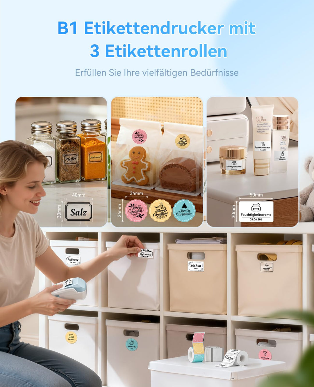 Etikettendrucker Thermodruck Bluetooth USB 50mm mit 3 Etikettenrollen - Bild 2