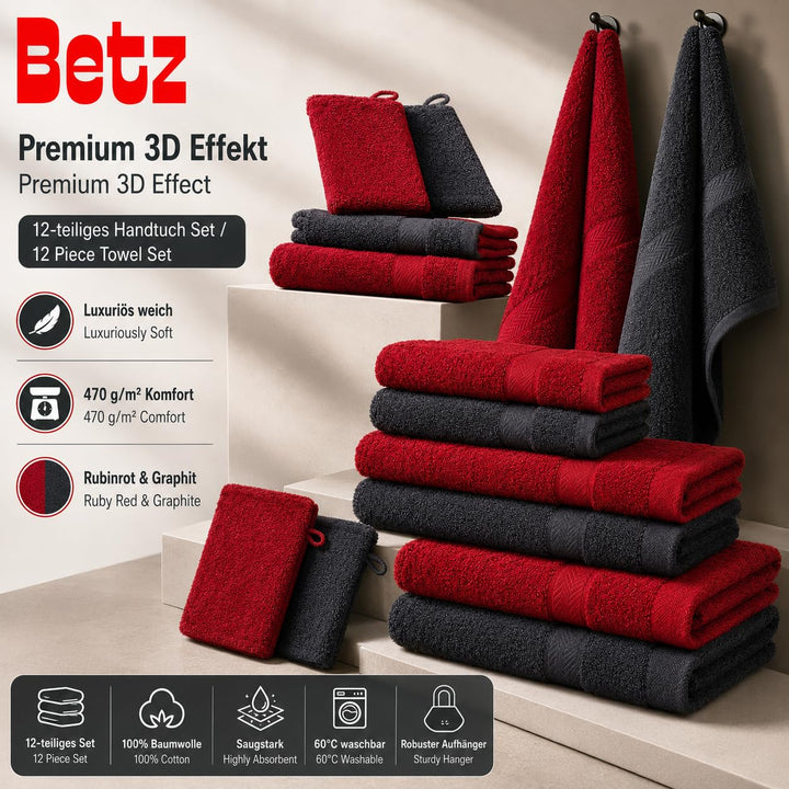Handtuch-Set 12-teilig 100% Baumwolle 470 g/m² Frottee Rubinrot/Graphit - Bild 2