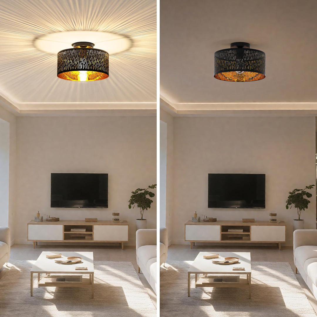 Deckenleuchte Schwarz-Gold Metall Stoff Ø30cm E27 für Wohnzimmer