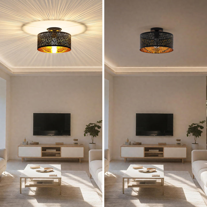 Deckenleuchte Schwarz-Gold Metall Stoff Ø30cm E27 für Wohnzimmer