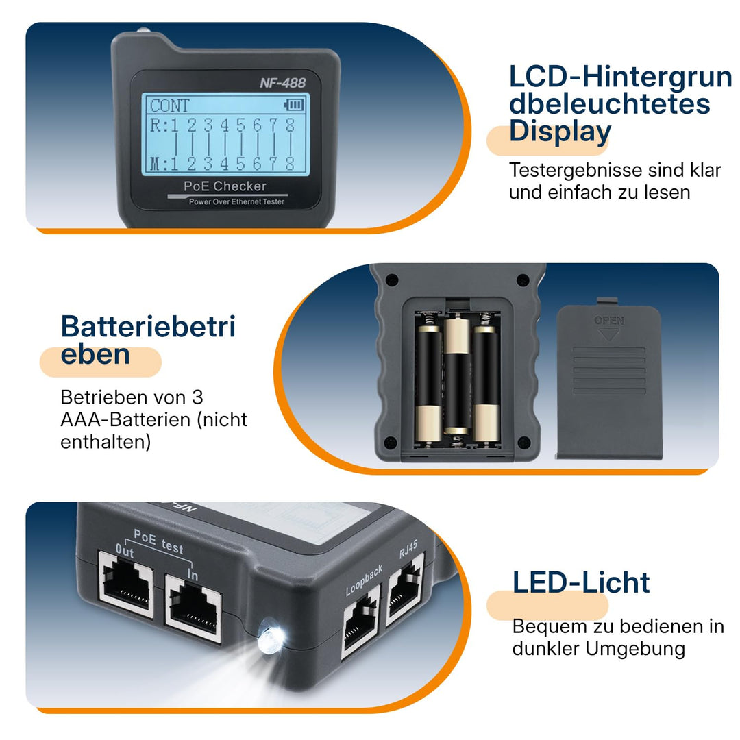 Netzwerktester RJ45 PoE LCD CAT5e CAT6 CAT6a mit LED-Leuchte - Bild 9